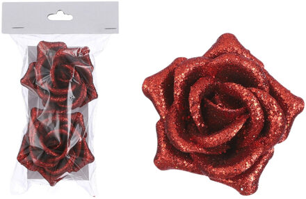 2x Rode decoratie rozen op clip 8 cm - Decoratie bloemen - Bloemen op clips - Kerstboomversiering