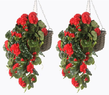 2x Rode geranium hangplant kunstplanten 70 cm - Kunstplanten Rood