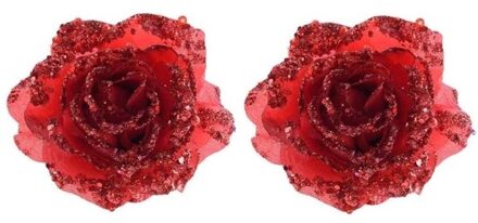 2x Rode glitter rozen met clip - Kunstbloemen Rood