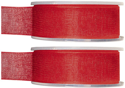 2x Rode organzalint rollen 2,5 cm x 20 meter cadeaulint verpakkingsmateriaal - Cadeaulinten Rood