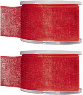 2x Rode organzalint rollen 4 cm x 20 meter cadeaulint verpakkingsmateriaal - Cadeaulinten Rood