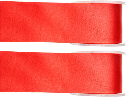 2x Rode satijnlint rollen 2,5 cm x 25 meter cadeaulint verpakkingsmateriaal - Cadeaulinten Rood