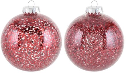 2x Rode sterren/glitter kerstballen 10 cm kunststof Rood