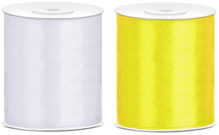 2x rollen hobby decoratie satijnlint geel-wit 10 cm x 25 meter