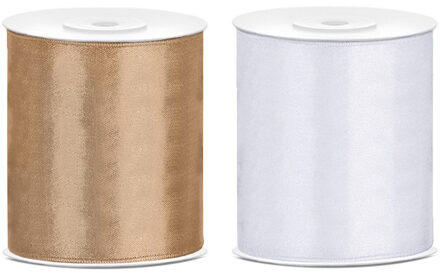 2x rollen hobby decoratie satijnlint goud-wit 10 cm x 25 meter - Cadeaulinten Multikleur