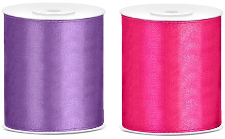 2x rollen hobby decoratie satijnlint paars-fuchsia roze 10 cm x 25 meter