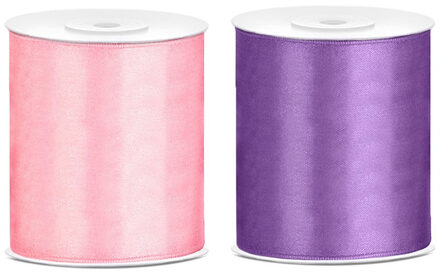 2x rollen hobby decoratie satijnlint paars-roze 10 cm x 25 meter - Cadeaulinten Multikleur