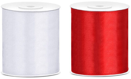 2x rollen hobby decoratie satijnlint rood-wit 10 cm x 25 meter - Cadeaulinten Multikleur