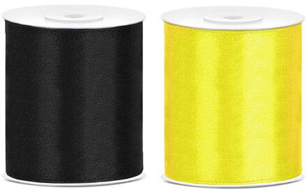 2x rollen hobby decoratie satijnlint zwart-geel 10 cm x 25 meter - Cadeaulinten Multikleur
