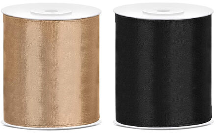 2x rollen hobby decoratie satijnlint zwart-goud 10 cm x 25 meter