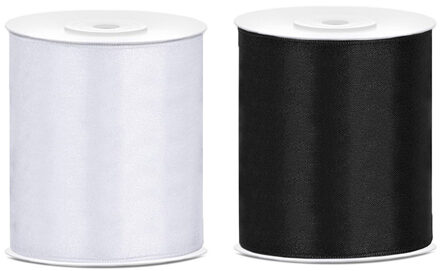 2x rollen hobby decoratie satijnlint zwart-wit 10 cm x 25 meter - Cadeaulinten Multikleur