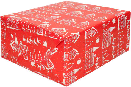 2x rollen kerst inpakpapier/cadeaupapier rood met huisjes 200 x 70 cm - Cadeaupapier