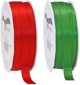 2x rollen satijn sierlint/cadeaulint - groen en rood - 1 cm x 25m p/rol - Cadeaulinten