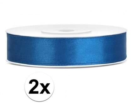 2x rollen satijn sierlint/cadeaulint kobalt blauw 12 mm