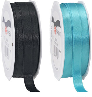 2x rollen satijn sierlint/cadeaulint - zwart en blauw - 1 cm x 25m p/rol