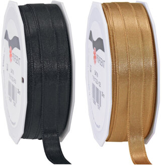 2x rollen satijn sierlint/cadeaulint - zwart en brons - 1 cm x 25m p/rol