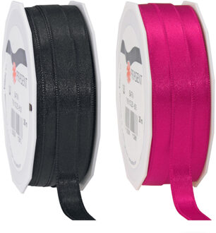 2x rollen satijn sierlint/cadeaulint - zwart en fuchsia roze - 1 cm x 25m p/rol