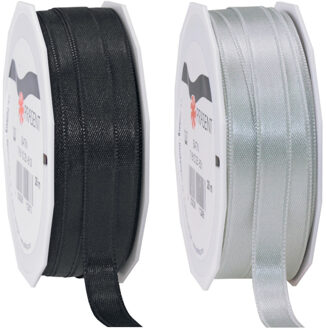 2x rollen satijn sierlint/cadeaulint - zwart en grijs - 1 cm x 25m p/rol