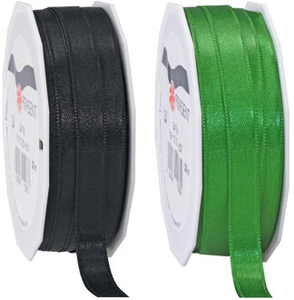 2x rollen satijn sierlint/cadeaulint - zwart en groen - 1 cm x 25m p/rol - Cadeaulinten