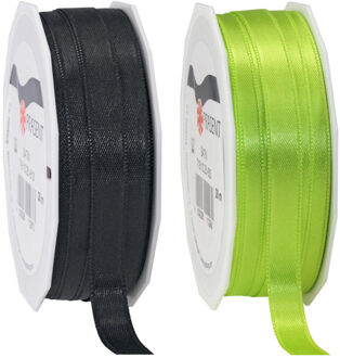 2x rollen satijn sierlint/cadeaulint - zwart en lime groen - 1 cm x 25m p/rol - Cadeaulinten