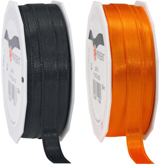 2x rollen satijn sierlint/cadeaulint - zwart en oranje - 1 cm x 25m p/rol - Cadeaulinten