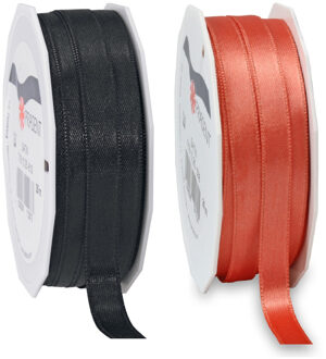 2x rollen satijn sierlint/cadeaulint - zwart en oudroze - 1 cm x 25m p/rol