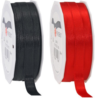 2x rollen satijn sierlint/cadeaulint - zwart en rood - 1 cm x 25m p/rol - Cadeaulinten