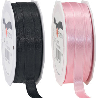 2x rollen satijn sierlint/cadeaulint - zwart en roze - 1 cm x 25m p/rol - Cadeaulinten