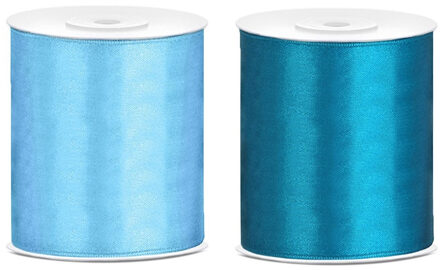 2x rollen satijnlint - blauw - turquoise blauw - 10 cm x 25 meter - Hobby cadeaulint sierlint