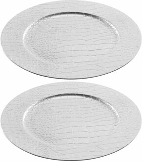 2x Ronde luxe kerstdiner/diner onderborden zilver lederlook 33 cm - Onderborden