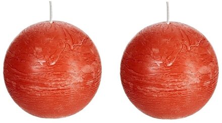 2x Ronde rustieke kaarsen oranje 8 cm 24 branduren sfeerkaarsen - bolkaarsen