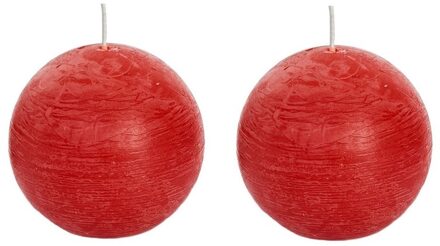 2x Ronde rustieke kaarsen rood 8 cm 24 branduren sfeerkaarsen - bolkaarsen