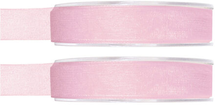 2x Roze organzalint rollen 1,5 cm x 20 meter cadeaulint verpakkingsmateriaal - Cadeaulinten