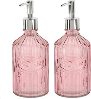 2x Roze zeepdispenser van glas 21 cm - Zeeppompjes