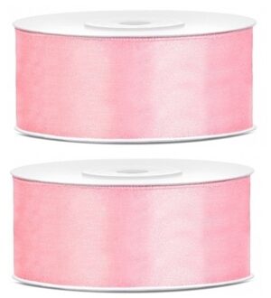 2x Satijn sierlint rollen lichtroze 25 mm - Sierlinten - Cadeaulinten - Decoratielinten