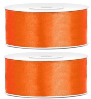 2x Satijn sierlint rollen oranje 25 mm - Sierlinten - Cadeaulinten - Decoratielinten