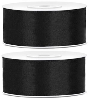 2x Satijn sierlint rollen zwart 25 mm - Sierlinten - Cadeaulinten - Decoratielinten