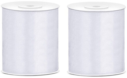 2x Satijnlint wit rol 10 cm x 25 meter cadeaulint verpakkingsmateriaal - Cadeaulinten