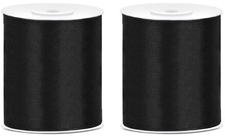 2x Satijnlint zwart rol 10 cm x 25 meter cadeaulint verpakkingsmateriaal - Cadeaulinten