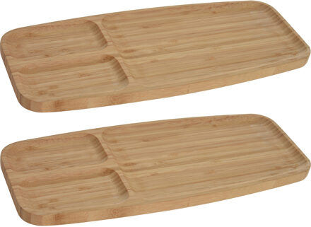 2x Serveerplanken/borden 3-vaks van bamboe hout 39 cm - Serveerplanken Bruin