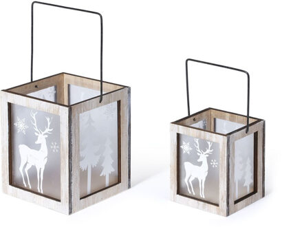 2x sets van 2x stuks kerst lantaarns/windlichten met rendieren print 8,5 en 11 cm - Kerstbeeldjes Bruin