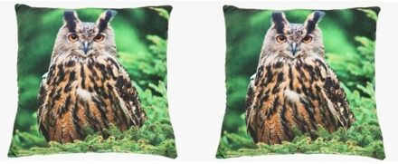 2x Sierkussens met uilen print 35 cm - Dieren kussentjes met uilen opdruk 35 cm