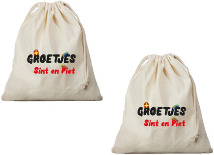 2x Sinterklaas cadeauzak groetjes Sint en Piet met koord voor pakjesavond als cadeauverpakking 30 cm