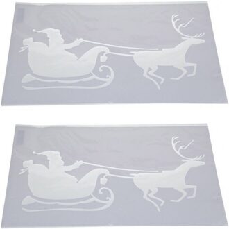 2x Sneeuwspray kerst raamsjablonen Kerstman in slee plaatjes 54 cm - Kerst raamsjablonen Wit