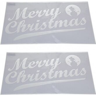 2x Sneeuwspray kerst raamsjablonen Merry Christmas tekst 54 cm - Kerst raamsjablonen Wit