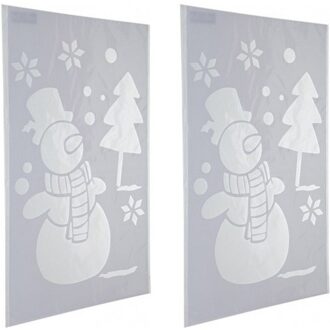 2x Sneeuwspray kerst raamsjablonen sneeuwpoppen plaatjes 54 cm - Kerst raamsjablonen Wit