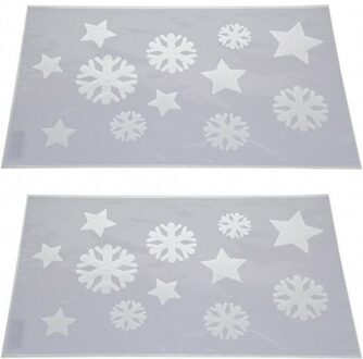 2x Sneeuwspray kerst raamsjablonen sneeuwvlokken/sterren plaatjes 54 cm - Kerst raamsjablonen Wit