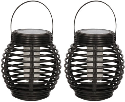 2x solar lantaarn - zwart - vlam effect - 15 cm - zonne-energie tuinlantaarn - tuinverlichting