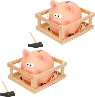 2x Spaarvarkens met hamer in kistje keramiek 14 x 12 cm