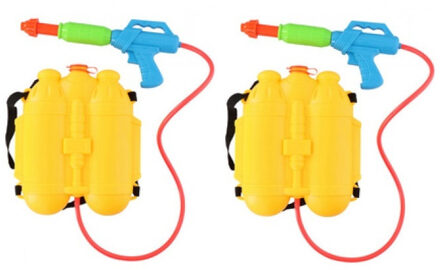 2x Speelgoed waterpistool/waterpistolen geel - watertank rugzak met waterspuit